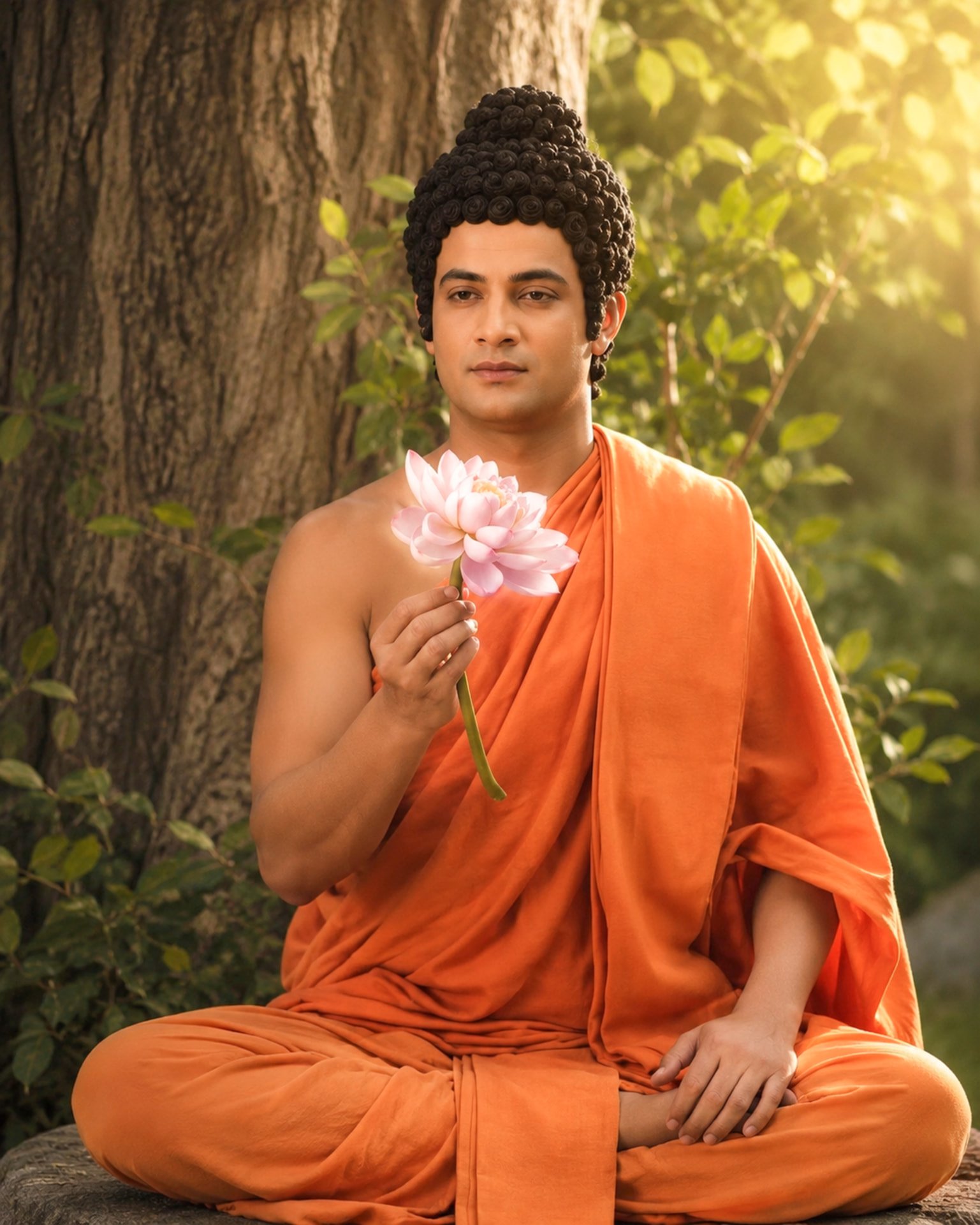 Depiction of Gautama Buddha seated in meditation holding a lotus